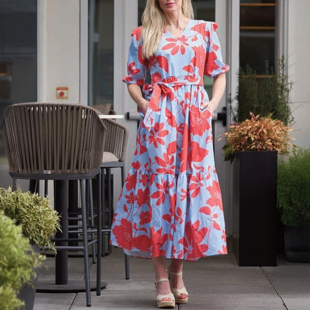 Maude Vivante Molly Blue Pink Floral Cotton Maxi Dress Size L